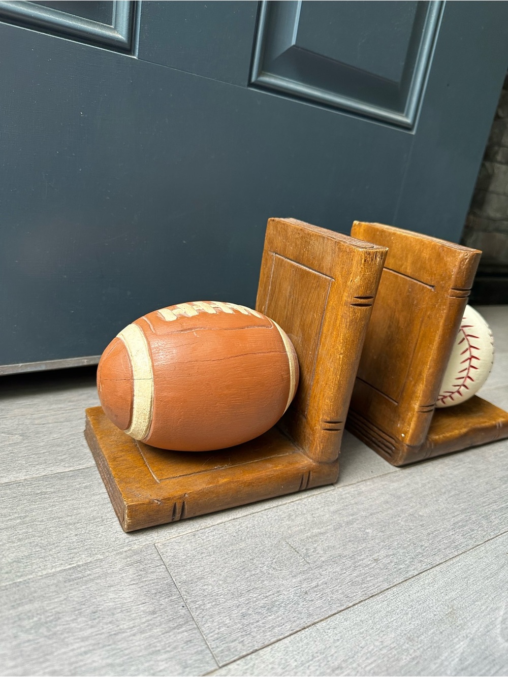 Vintage Solid Wood Baseball Football Sports Book Ends Made In Thailand Decor - Picture 4 of 8